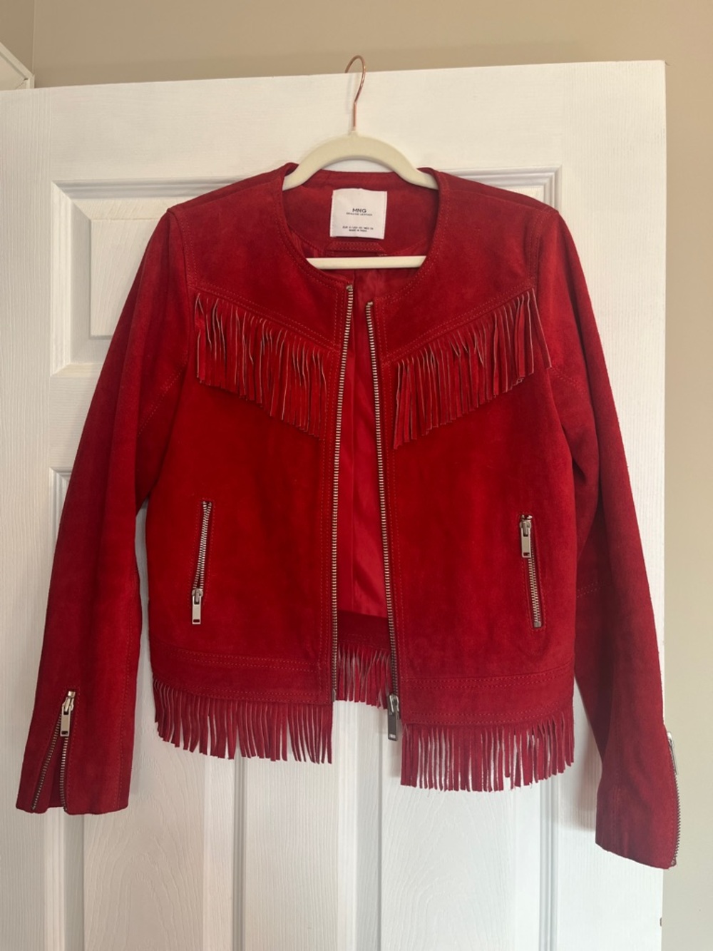 Mango Red Suede Fringe Leather Jacket